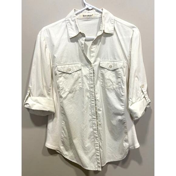 Hester & Orchard Women's Sz M Top Ivory Button Up Roll Tab Sleeves - Picture 1 of 7